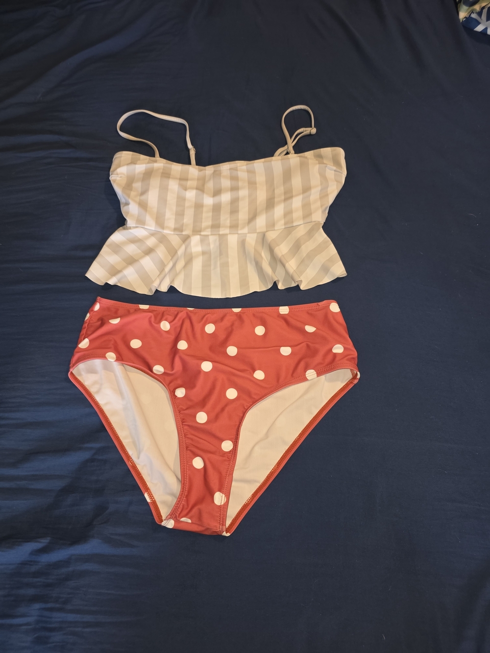 Striped Peplum Bikini Top with Red Polka Dot High-Waist Bottoms